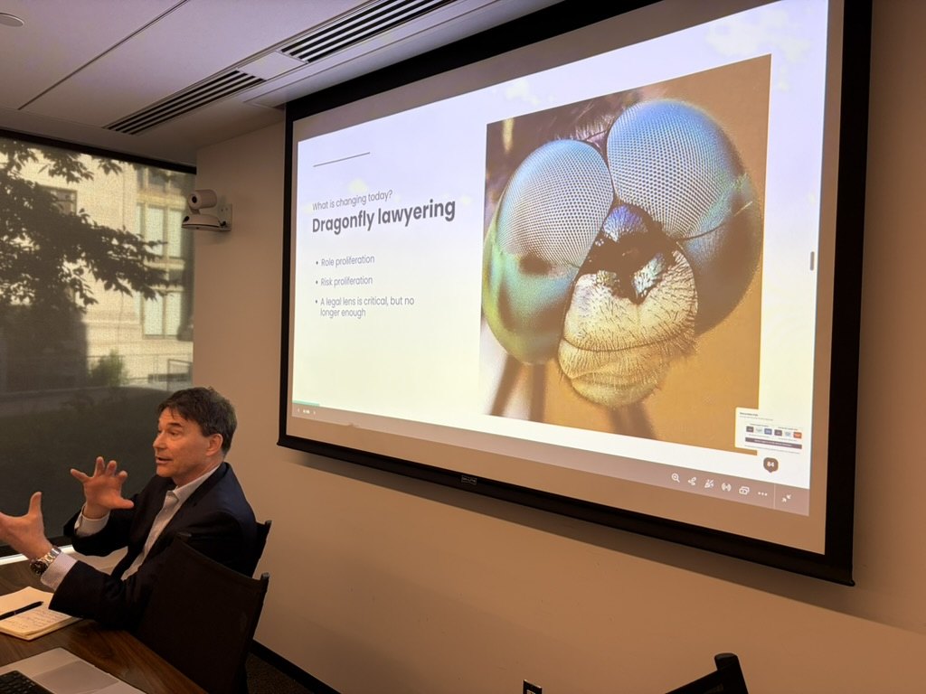 Bjarne Tellmann speaking beside a projected slide headed &ldquo;Dragonfly lawyering&rdquo;, illustrated with a dragonfly's compound eyes.