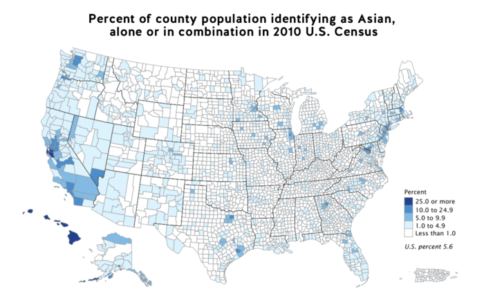 This map shows the geographic spread of the Asian American population according to a 2010 census—both those identifying as Asian alone and those identifying as Asian in conjunction with another race—in the United States on a county level. Per the original report: Honolulu county, HI, had the highest percentage of the Asian alone-or-in-combination population (62 percent), followed by three additional counties in Hawaii: Kauai (51 percent), Maui (47 percent), and Hawaii (45 percent). Two county equivalents in Alaska had concentrations of the Asian alone-or-in-combination population of 25 percent or more—Aleutians East Borough and Aleutians West Census Area. Four counties in California had concentrations of 25 percent or more, all of which were located near San Francisco, CA, and San Jose, CA.