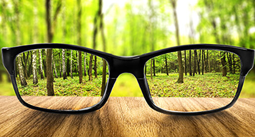 Eye glasses sit on a table through which you can see a forest clearly; around the lens is a blur.