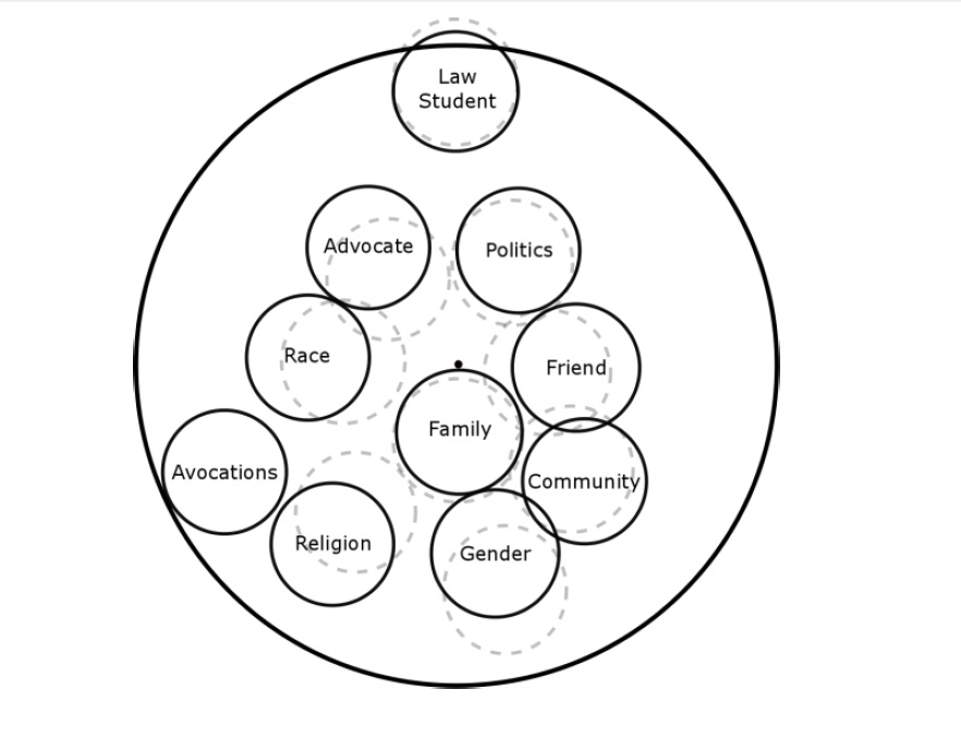 An identity map drawn with different intersecting circles such as race, advocate, politics.