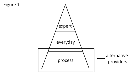 A pyramid split into three levels: At the bottom is process and an arrow points here to say "alternative providers"; in the middle is everyday, and at the top is expert