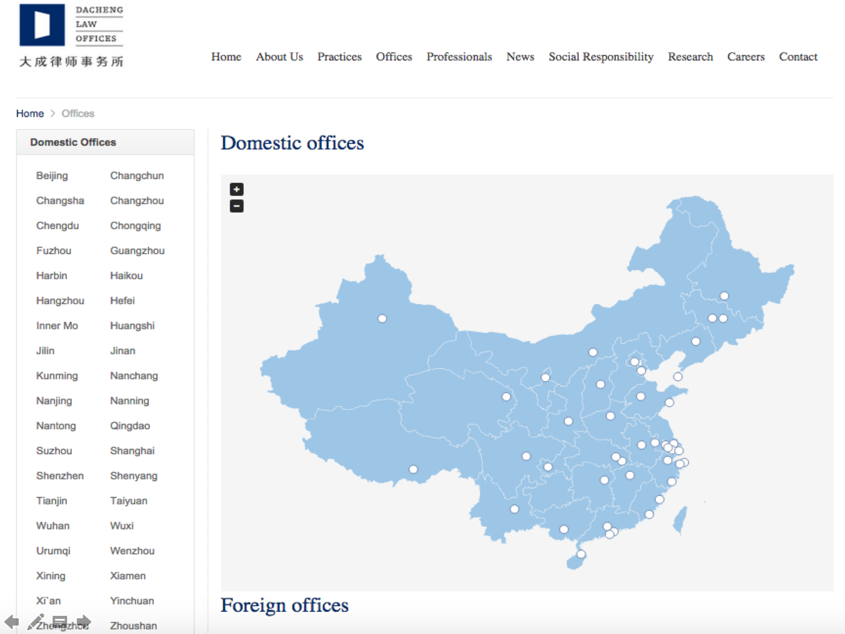 Map of China with Dacheng law firm Domestic Offices