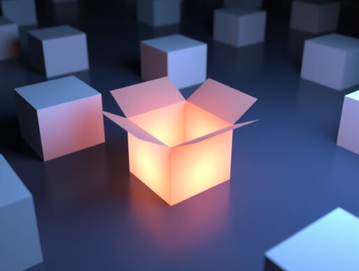 Image of various moving boxes with one of them opened and illuminated.