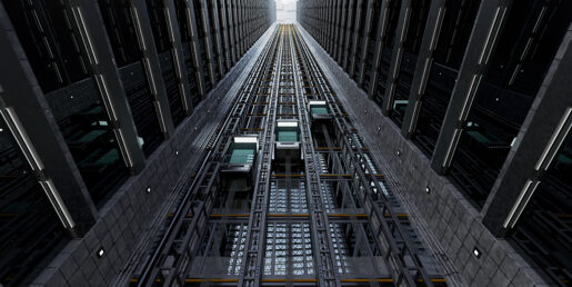 The perspective from below an elevator shaft showing three elevators going upward.