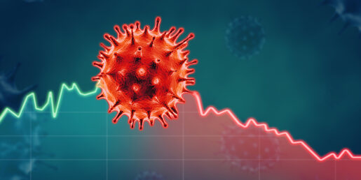A spikey red ball, meant to illustrate COVID-19 virus, shows up against a graph.