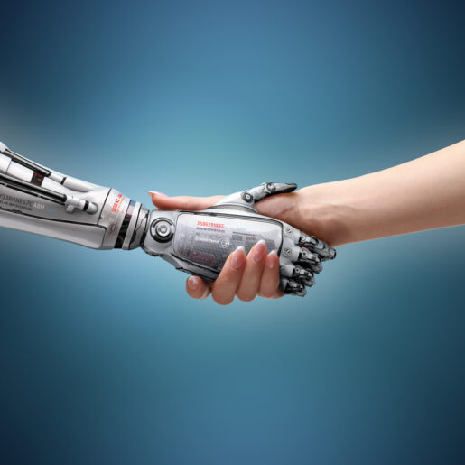Handshake between a human and a robot.