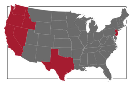 United States map in gray with Texas and the west coast in red.