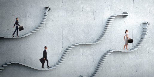 Three people walk up staircases on a wall, illustrating different paths.