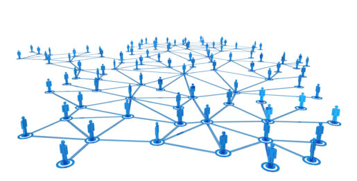 Cartoon image of a connected web of stick figures in blue.