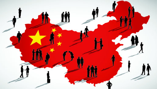 Cartoon image of various stick figures standing on and around a red shape that mimics China and filled with the Chinese flag.