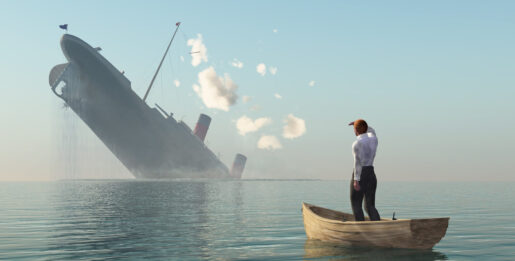 Cartoon re-creation of an individual watching the Titanic sink in broad daylight.