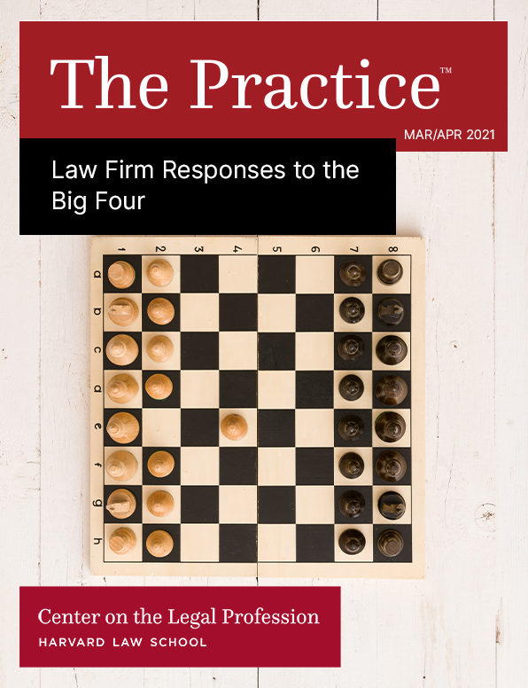 Cover of The Practice: Law Firm Responses to the Big Four shows an overhead shot of a chess board with only a white pawn moved.