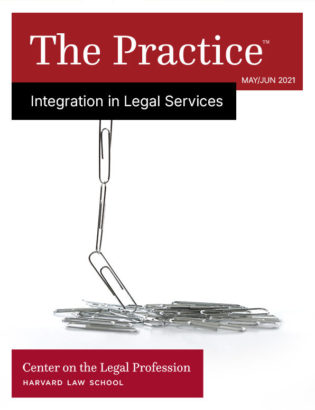 Cover for The Practice: Integration in Legal Services, shows paperclips coming tied together and collapsing into a pile.