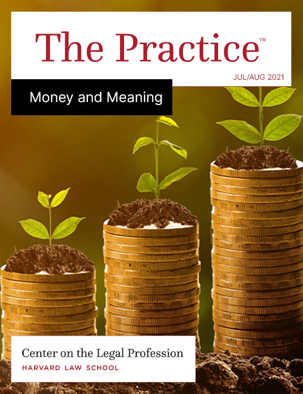 Cover for The Practice: Money and Meaning, shows three stacks of coins with a plant growing out of each stack.