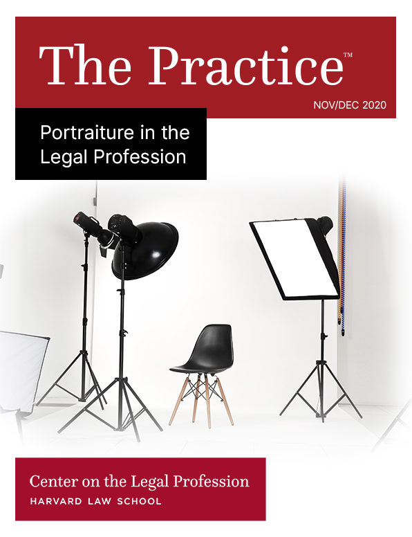 Cover for The Practice on Portraiture in the Legal Profession shows a camera studio with lights and a backdrop and an empty chair for a person to sit.