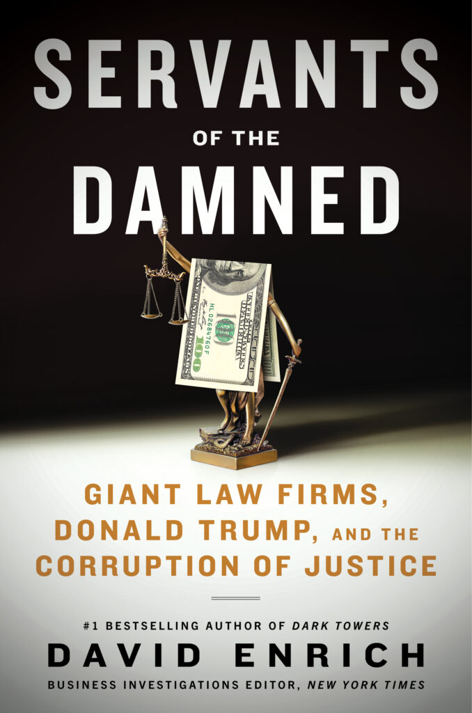 Book Cover for Servants of the Damned shows a gold statute with a sword and scales covered by a dollar bill
