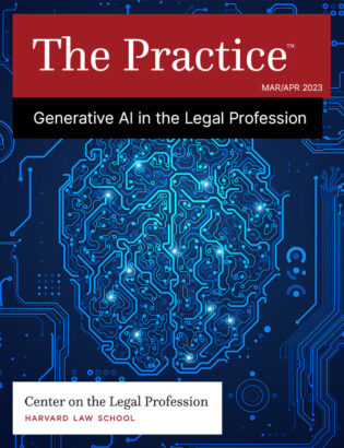 A brain made of circuit boards on the cover of The Practice for March April 2023 on Generative AI in the Legal Profession