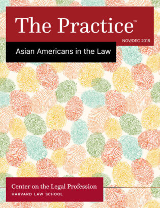 The Practice cover for Asian Americans in the Law for Nov/Dec 2018 shows fingerprints in different colors scattered across the page.