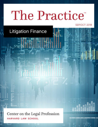 The Practice on Sept/Oct 2023 on Litigation Finance, with an image of a stock broker's computer screen with number and stocks ticking by.