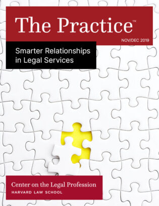The Practice for Nov/Dec 2019 on Smarter Relationships in Legal Services shows a puzzle piece being removed to reveal a yellow background.
