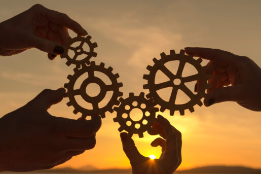 Hands holding gears in the sun to see if they fit together.