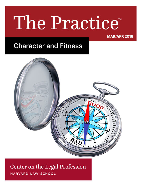 The Practice for March/April 2018 on the topic of "Character and Fitness" shows a compass open.