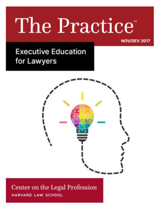 Executive Education for Lawyers cover of The Practice for Nov/Dec 2017 shows the outline of a head with a multi-colored lightbulb inside.