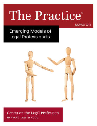 The Practice for July/August 2018 on Emerging Models of Legal Professionals shows two wooden figurines interacting.