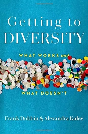 Book cover for Getting to Diversity: What Works and What Doesn't, with a blue background a decorative image of white hole punched pieces leading into multi-color hole punched pieces