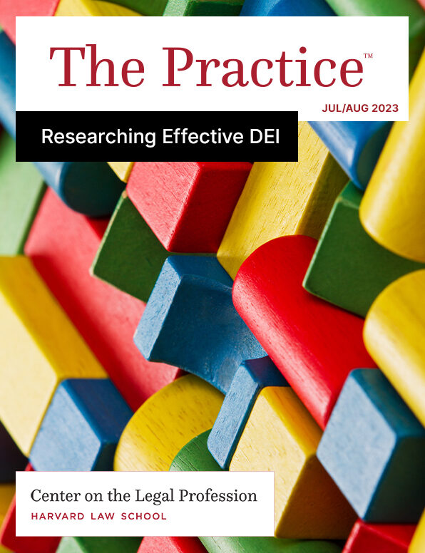 The Practice on Jul/Aug 2023 on "Researching Effective DEI" shows images of different colors and shapes of blocks fitting together.