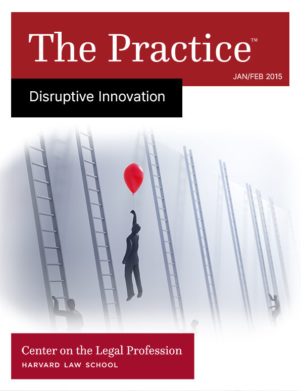 Jan/Feb 2015 Issue of The Practice on Disruptive Innocation shows a man being pulled up a ladder by a red balloon.