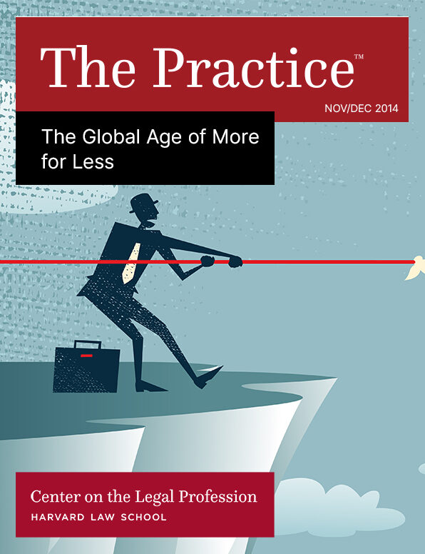 The Practice for Nov/Dec 2014 on "The Global Age of More for Less" shows a man on a cliff pulling a rope toward him.