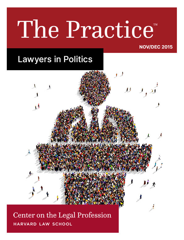 The Practice magazine for Nov/Dec 2015 on "Lawyers in Politics" shows a person standing at a podium in a tie made up of tiny individual people, illustrating the electorate.