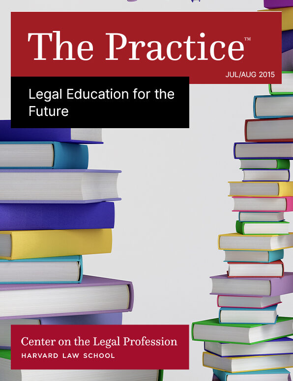 The Practice for Jul/Aug 2015 on Legal Education for the Future shows stacks of books.