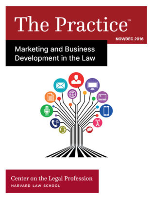 Cover for The Practice Nov/Dec 2016 on Marketing and Business Development in the Law shows a tree with all the various factors that marketers need to take into account, such as email, phone, computers, people.