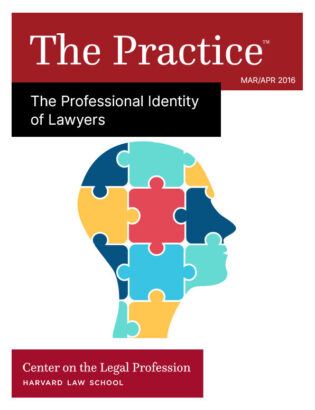 The Practice for Mar/Apr 2016 on The Professional Identity of Lawyers shows a person's head cut into different colored puzzle pieces.