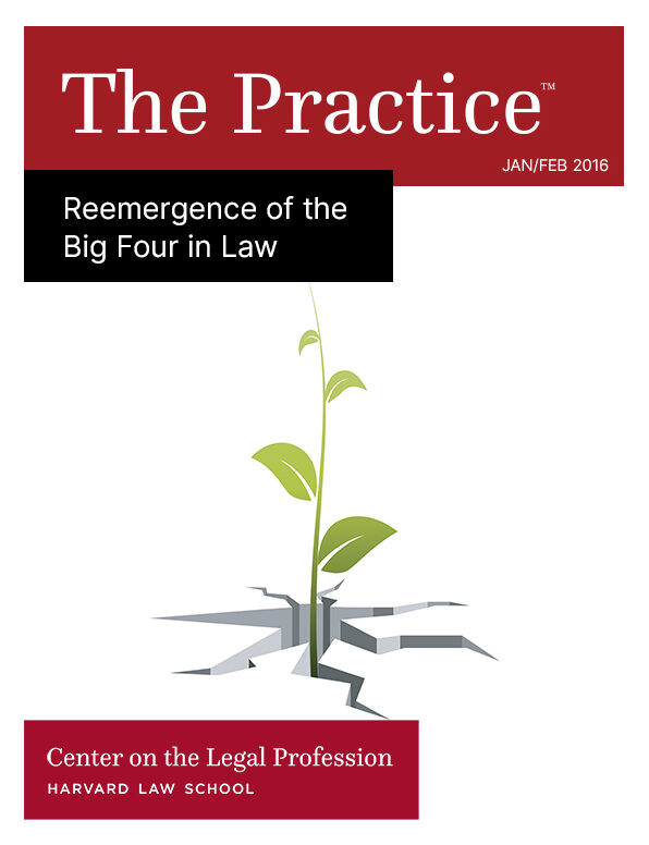 The Practice for Jan/Feb 2016 on the "Reemergence of the Big Four in Law" shows a plant breaking through concrete.