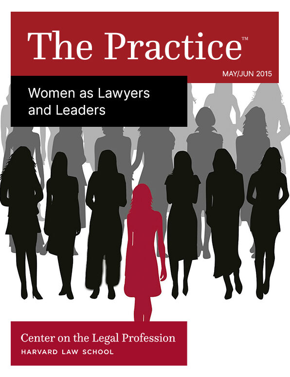 May/June 2015 cover of The Practice on Women as Lawyers and Leaders shows a group of women strutting forward with the first one in front depicted in red.
