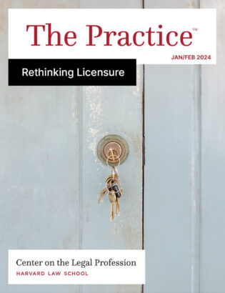 Cover of The Practice for Rethinking Licensure shows a key in a lock on a door.