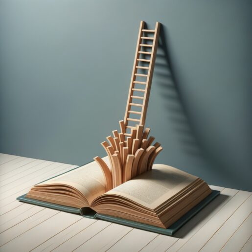 A ladder emerges from a book.
