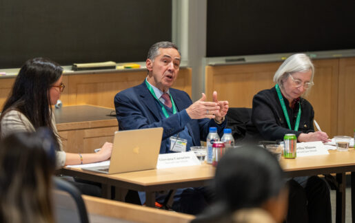 Giovana Carneiro, LL.M. Candidate at Harvard Law School (left), Luís Roberto Barroso, Chief Justice of the Supreme Federal Court of Brazil (middle) and Martha Minow, 300th Anniversary University Professor at Harvard Law School (right).