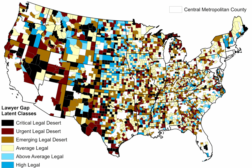 Map showing counties with critical, urgent, and emerging legal deserts classified.