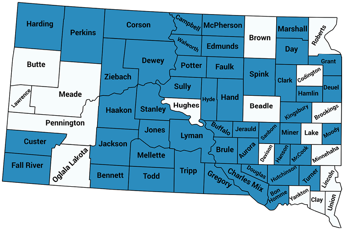 A map of South Dakota showing qualifying counties for the rural attorney recruitment program.