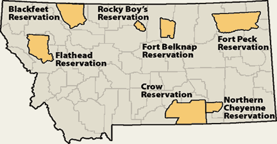 Map of Montana with seven reservations outlined.