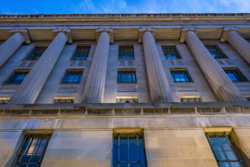 The facade of the Justice Department.