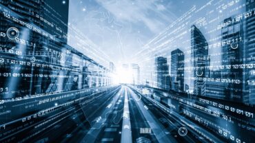 Speeding through tech transformation represented by a futuristic city covered in 0s and 1s.