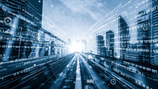 Speeding through tech transformation represented by a futuristic city covered in 0s and 1s.